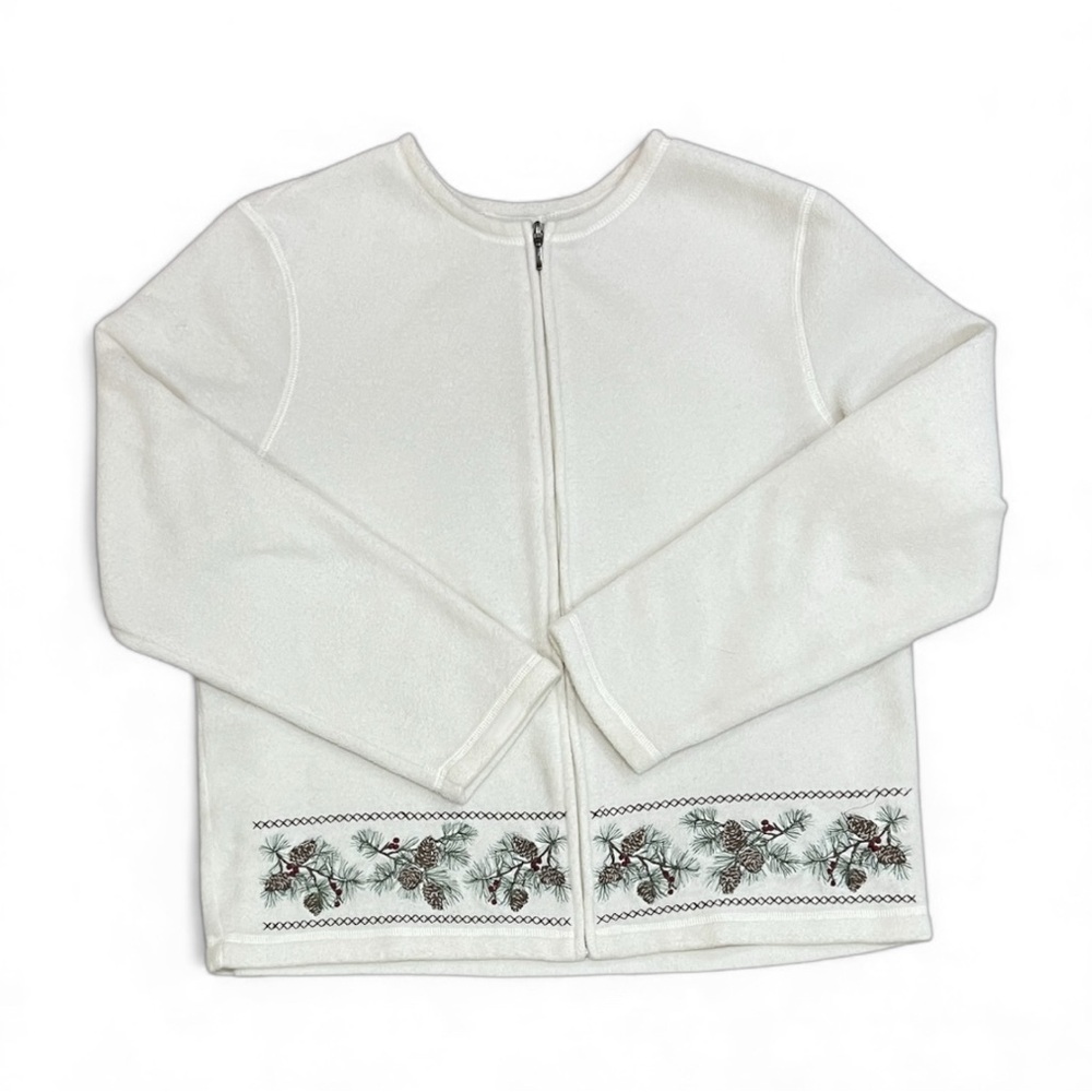 Croft & Barrow Ivory Full Zip Fleece With Pine Cone Embroidery Size XL